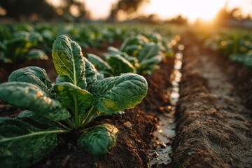 Realistic portrayal of spinach plants thriving in geometric rows under warm sunrays at dusk