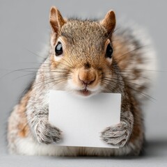 Curious squirrel holds a small blank card with paws, embodying inquisitiveness and charm in a minimalist setting