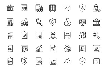 Accounting thin line editable icon set, vector illustration of financial audit, budget, tax return, profit, expense, management, salary, report, bank, investment, money growth