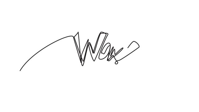 WOW one line hand drawn word. Expression single monoline doodle text, scribble lettering, wow sketched print, emotional typography, black event quote, font, dynamic vector illustration