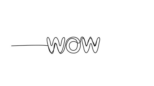 WOW one line hand drawn word. Expression single monoline doodle text, scribble lettering, wow sketched print, emotional typography, black event quote, font, dynamic vector illustration