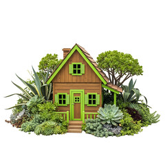 Miniature wooden house surrounded by lush green succulents and foliage on a white background PNG file isolated on transparent background cut out, clipping path, social media, Advertisement, high.