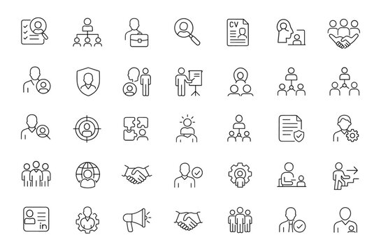 Human Resources icon set. Editable stroke vector illustration of HR, recruitment, employee search, management, teamwork, leadership, business communication, people strategy, organization.