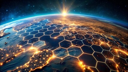 A stunning view of earth at night, illuminated by city lights and a network of glowing hexagons connecting continents, symbolizing global communication and technological advancement