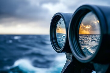 Ocean through binoculars at sunset overlooking stormy seas