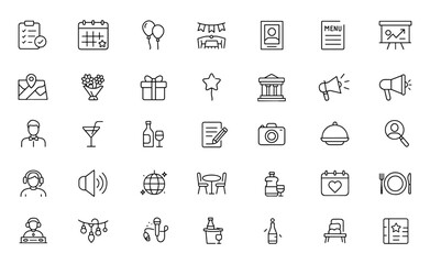 Event planning icon set, editable stroke vector illustration of party, wedding, celebration, food, drink, decoration, coordination, invitation, isolated modern thin line style, banner, festival