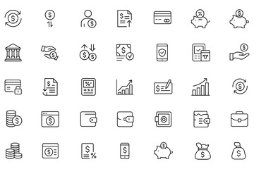 Finance icon set in modern thin line style. Editable vector illustration of money, banking, currency exchange, credit card, savings, transaction, payment, portfolio, infographic, pictogram