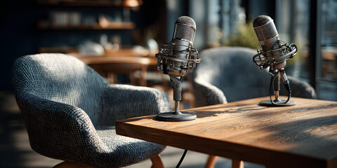 Two comfy chairs and microphones in a modern podcast interview setting Stock photo