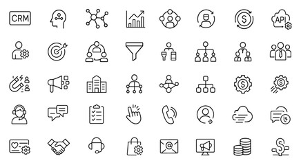 Customer Relationship Management CRM icon set. Editable thin line vector illustration with business, marketing, sales, client, loyalty, support, analysis, data, technology, web, software, cloud.
