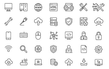 Internet technology icon set, editable stroke vector illustration. Thin line style computer, laptop, server, programming, hardware, software, cloud, network, web design, wifi, hacker, device, online