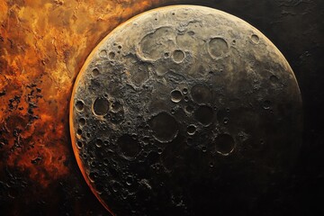 Lunar surface with fiery cosmic background