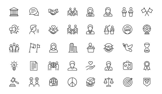 Diplomatic icon set in modern thin line style. Editable stroke vector illustration of embassy, government, politics, ambassador, law, negotiation, mediation, agreement, discussion, outline, diplomacy