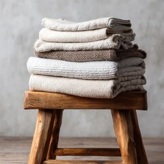 Folded unbleached cotton towels create a cozy, inviting atmosphere on a rustic wooden stool in a tranquil setting