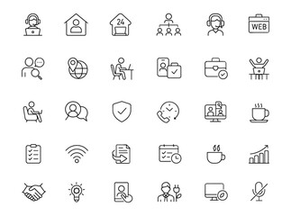 Remote Work Icons Set – Editable Thin Line Vector Illustration of Home Office, Freelance, Digital Nomad, Networking, Scheduling, Collaboration & Work-Life Balance Concepts
