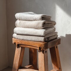 Soft cotton towels neatly stacked on a wooden stool create a serene ambiance in a bright and cozy space