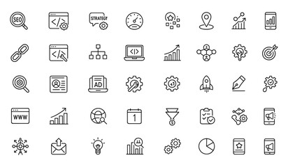 Modern thin line vector icons set of search engine optimization, web development, strategy, keyword research, website ranking, traffic growth, consulting, infographic, technology