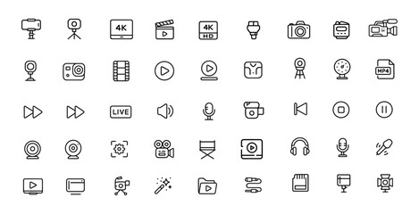 Editable Videography Icon Set. Thin line vector illustration of modern video gadgets, cameras, film, playback devices, microphones, multimedia equipment, and video production tools.