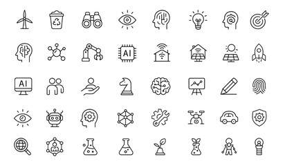 Editable Innovations Icon Set. Thin line vector illustration of futuristic technology icons: AI, smart home, robotics, scientific progress, energy, development, creativity, isolated on white.
