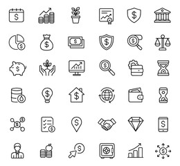 Modern thin line Investment icon set. Editable vector illustration of business finance symbols: profit, savings, economy, portfolio, strategy, risk, growth, banking, real estate, analysis, success.