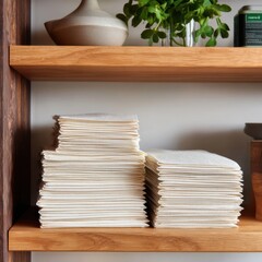 Neatly folded stack of eco-friendly paper towel alternatives on a wooden shelf in a cozy, modern home setting