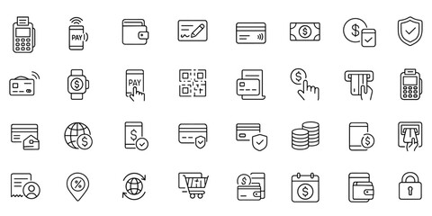 Editable digital payment icon set. Modern thin line vector illustration of finance and banking icons: POS terminal, NFC, mobile pay, credit card, cashless transaction, money, business