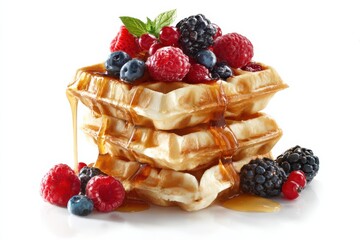 Delicious stack of golden waffles topped with fresh berries and a rich syrup drizzle, showcasing a delectable breakfast delight with no distractions