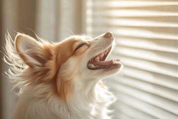 Joyful papillon dog basking in sunlight near window blinds