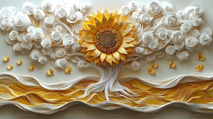 A detailed paper art piece of a sunflower and rose tree.