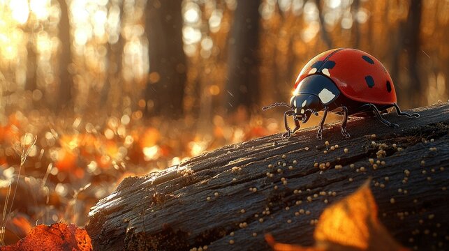 Ladybug on a log in autumn forest