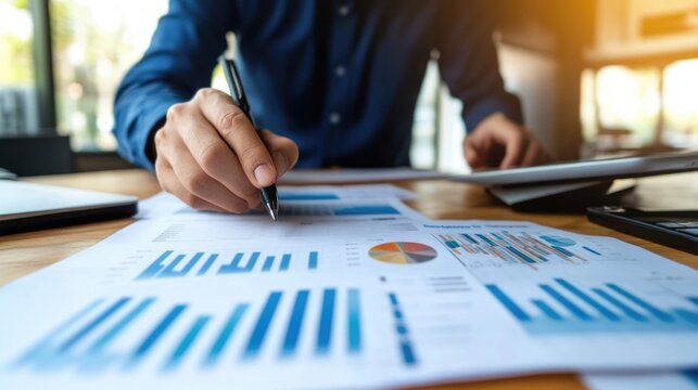 Professional analyzing business charts and graphs on desk. Hand holds pen. Various colorful data visuals illustrate performance metrics. Modern office background. Finance, analysis, strategic planning - Powered by Adobe