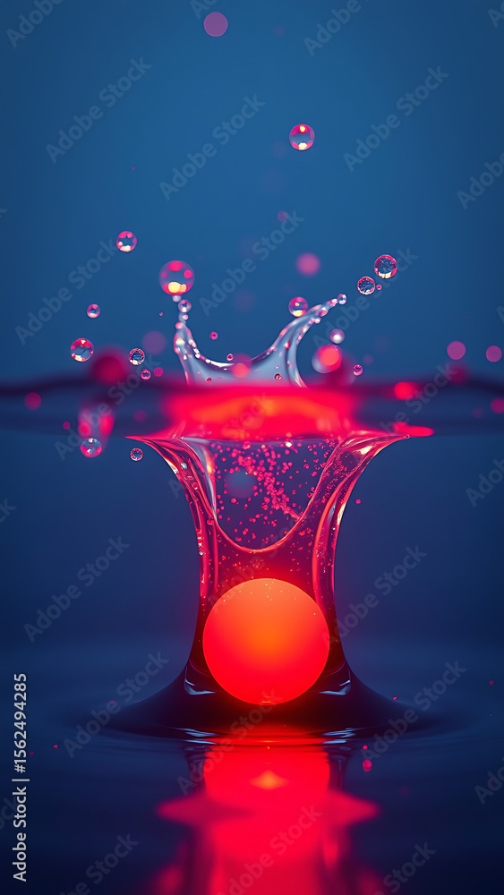 Poster abstract water splash with red sphere and glowing particles vertical