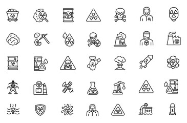 Editable line icons set of radiation pollution and nuclear energy. Vector illustration in modern thin line style featuring mining, radioactive waste, nuclear hazards, environment, power, and safety