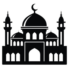 Majestic Mosque Islamic Architecture Icon, Black and White Illustration