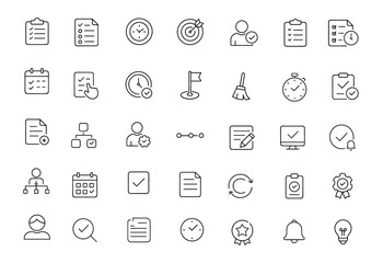 Editable Task Line Icons set. Modern thin line vector illustration of task management, to-do list, clipboard, assignment, workflow, and business pictograms for mobile apps.