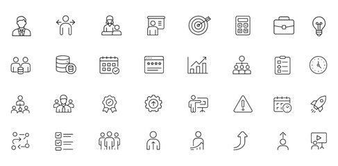 Editable management icon set. Modern thin line vector illustration of business concepts: administration, decision making, training, communication, planning, teamwork, and more