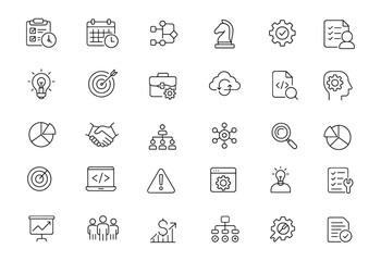 Editable Line Icons Set for Project Management and Business: Planning, Strategy, Development, Workflow, Teamwork, Budget, Collaboration, Research, and More Vector Illustration