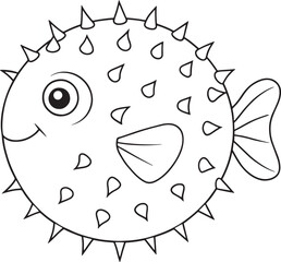 Pufferfish line art with expressive happy face and spiky body for fun underwater illustrations