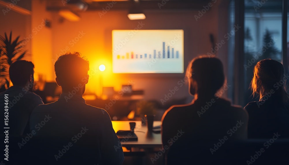 Aufkleber a group of professionals attentively watching a presentation in a modern office, illuminated by warm