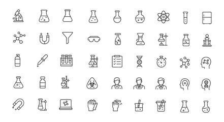 Editable Laboratory Icons Set. Modern thin line vector illustration of scientific equipment, experiment tools, technicians, and lab assistants. Isolated on transparent background
