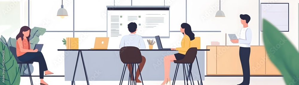 Poster a modern office scene featuring a diverse group of professionals collaborating and sharing ideas. th