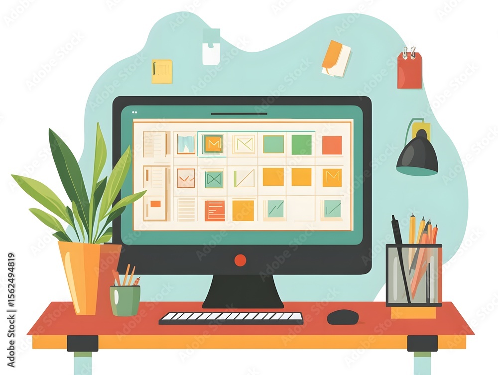 Poster a modern workspace featuring a computer with a creative interface, vibrant color options displayed, 