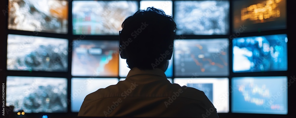 Poster a person monitoring multiple screens in a control room, showcasing data analysis.