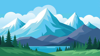 Tranquil Alpine landscape with snow-capped peaks as a simple vector illustration.