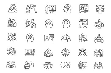 Editable Workshop Icon Set in Modern Thin Line Style. Vector illustration of business concepts: teamwork, coaching, training, education, collaboration, brainstorming, seminar, productivity