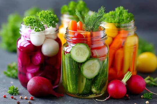  Tarros de vidrio con pepinos, r&aacute;banos, zanahorias y huevos de codorniz, acompa&ntilde;ados de perejil y eneldo fresco.
