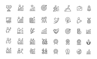 Editable Success & Growth Icon Set. Modern thin line vector illustration of business, career, financial progress, achievement, strategy, reward, startup, income, and infographic symbols.