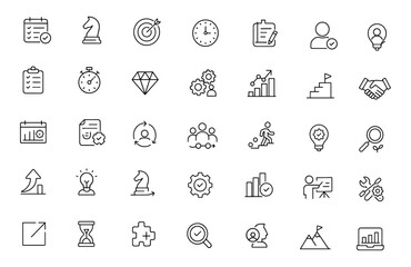 Editable Action Plan Icons set. Modern thin line vector illustration of planning, scheduling, strategy, goals, tasks, teamwork, and business pictograms for apps and infographics.