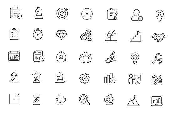 Editable Action Plan Icons set. Modern thin line vector illustration of planning, scheduling, strategy, goals, tasks, teamwork, and business pictograms for apps and infographics.