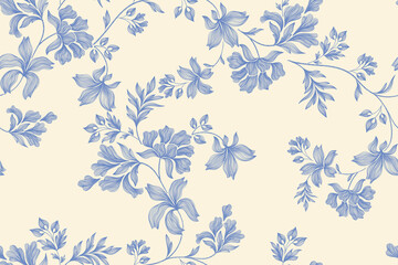 Vintage floral ethnic tapestry modern embroidery texture boho design vector illustration hand drawn silhouette indigo blue flower motif branches leaves wallpaper seamless background border.