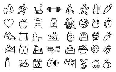 Fitness editable line icon set, thin stroke sport symbols for physical activity, cardio, strength, running, gym equipment, nutrition, supplements, wellness lifestyle vector illustration.
